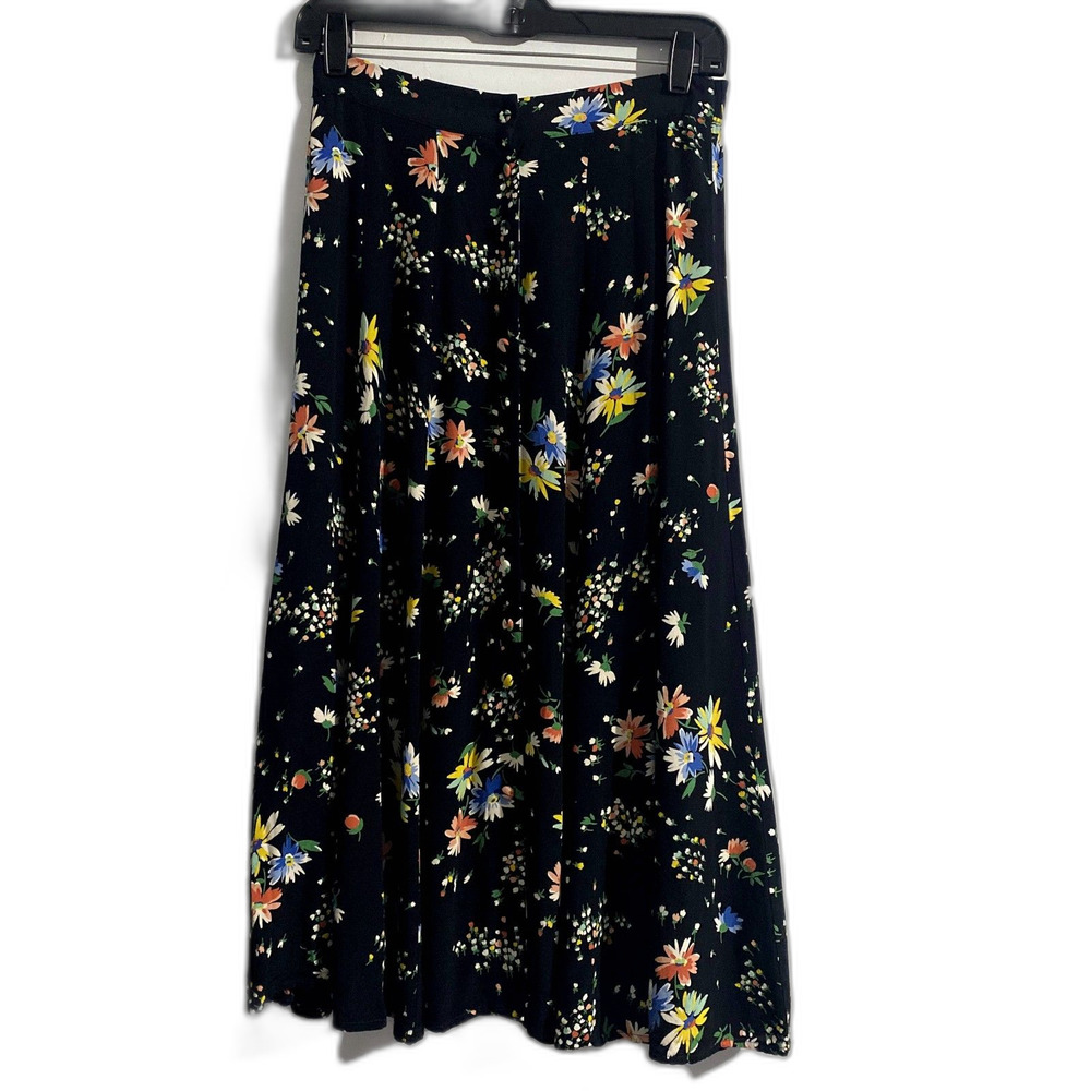 Henri Bendel New York Vintage Floral Midi Skirt Black Rayon Button Front Size XS